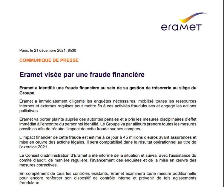 Eramet victime d'une fraude financière de près de 5 milliards de francs